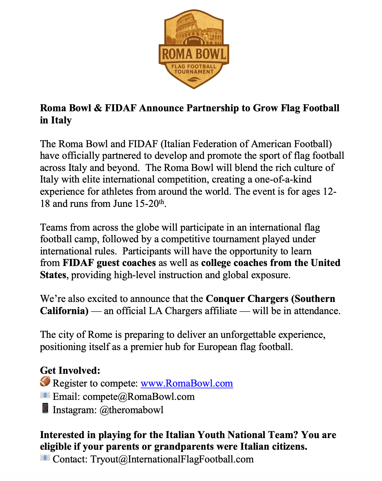 Roma Bowl and FIDAF partnership announcement