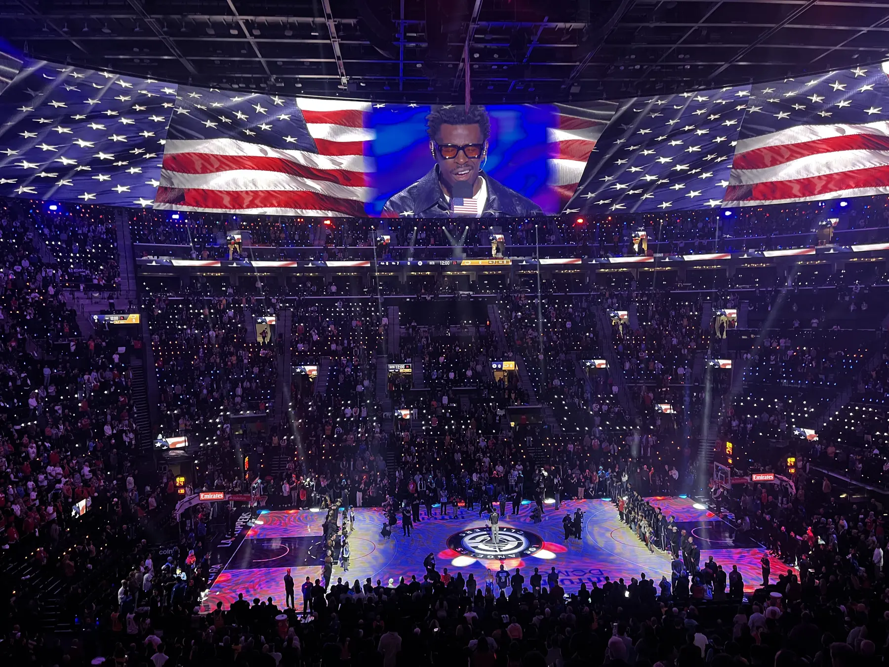Basketball arena during a pregame presentation
