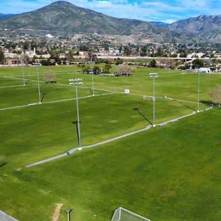 Wide view of the San Bernardino Soccer Complex fields and mountain backdrop