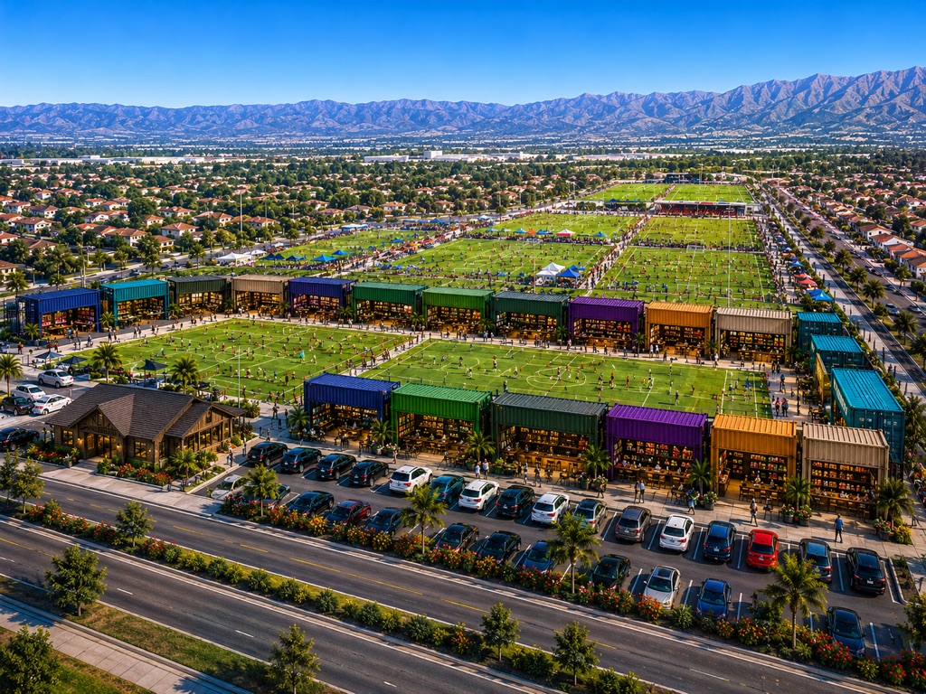 Concept rendering of the future SB Sports Village marketplace and sports fields