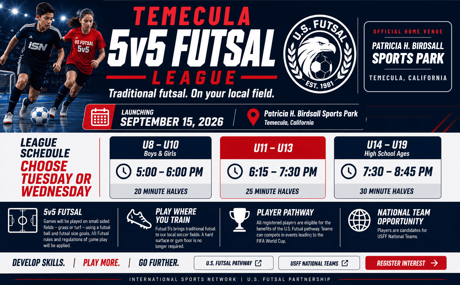 Temecula 5v5 Futsal League launching September 15, 2026 at Patricia H. Birdsall Sports Park in Temecula, California